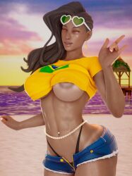 3d 3d_(artwork) areola_slip brazil brazilian brazilian_female brazilian_flag busty capcom crop_top ecchi_fighties female female_focus female_only flag hourglass_figure laura_matsuda national_personification nipple_slip outdoors outside pinup pinup_pose street_fighter tan tan_body tan_skin tanline wide_hips