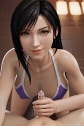 1boy 1girls 3d ai_generated big_breasts bikini black_hair cleavage cum erection female final_fantasy final_fantasy_vii final_fantasy_vii_remake handjob kneeling long_hair looking_at_viewer male penis pov premature_ejaculation red_eyes small_penis smile straight tifa_lockhart