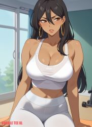 1female 1girls ai_generated big_breasts breasts bubbleteexl cleavage dark-skinned_female dark_skin female female_only front_view gym_clothes hoop_earrings hoop_earrings_oversized looking_away michiko_malandro michiko_to_hatchin navel shirt sitting solo solo_female