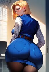 1girls ai_generated android_18 ass ass_focus blonde_female blonde_hair blonde_hair blue_pants breasts clothing collared_shirt curvaceous curvaceous_female curvaceous_figure curvy curvy_figure denim dragon_ball dragon_ball_z female female female_focus female_only from_behind huge_ass indoors inviting inviting_to_sex jeans jewelry large_ass large_breasts lips looking_at_viewer looking_back mature_female milf mommy pants pantylines pocket presenting presenting_ass presenting_hindquarters seductive seductive_look seductive_smile shirt short_hair skirt smile solo solo_female solo_focus standing thick_thighs thighs tied_hair tight tight_clothing tight_pants voluptuous voluptuous_female white_shirt