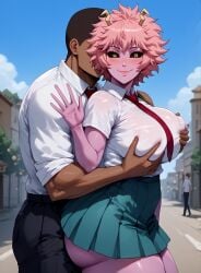 1boy 1girls ai_generated aristartz_ai ashido_mina big_ass big_breasts big_nipples black_sclera blush breast_grab dark-skinned_male grabbing_from_behind looking_at_viewer my_hero_academia netorare pink_body pink_hair school_uniform short_hair skirt waving white_shirt yellow_eyes