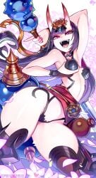 1girls breasts_out bubble_ass bubble_butt fate/grand_order fate_(series) female female_only horns kimono krokobyaka looking_at_viewer looking_back medium_breasts nipples oni oni_horns purple_eyes shuten_douji_(fate) small_breasts smiling_at_viewer solo thick_thighs