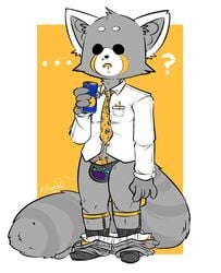 ? aggressive_retsuko barely_visible_penis beverage clothed clothing coffee drooling eggplant food fruit garter_belt garter_straps male male_only mammal milkomeda-galaxy_(artist) necktie pants_down partially_clothed penis red_panda resasuke saliva sanrio smooth_fur solo thong