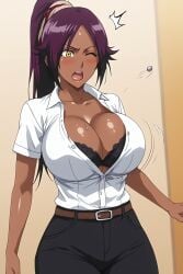 ai_generated bleach blush bra dark-skinned_female dark_skin flying_button huge_breasts office office_clothing office_lady open_mouth shihouin_yoruichi shihouin_yoruichi shiny_skin shirt shocked sweat unbuttoned_shirt