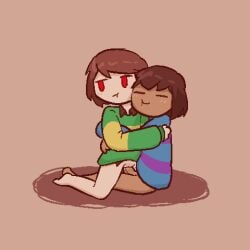 barefoot blush bottomless chara charisk clothing cute frisk frisk_(undertale) hug sex simple_background undertale undertale_(series)