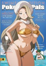 bikini blonde_hair blue_eyes choker female gold_bikini gym_leader hat high_resolution large_breasts long_hair looking_at_viewer magazine_cover magazine_front_page mallow_(pokemon) melony_(pokemon) pokemon pokemon_sm pokemon_ss smiling solo text_focus thick_body thick_thighs vivivoovoo