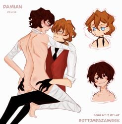 2boy 2boys 2male 2males bandage bandaged_leg bandaged_legs bottom_dazai bsd bungo_stray_dogs bungou_stray_dogs chuuya_nakahara clothed color colored couple dazai_osamu duo duo_focus duo_male lap_sit lap_sitting light-skinned_male light_skin looking_at_another looking_at_partner looking_up male male/male male_only males_only malesub nakahara_chuuya nude nude_male osamu_dazai soukoku submissive submissive_male