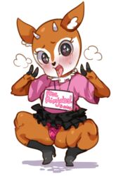 <3_eyes 2018 aggressive_retsuko antelope anthro ass blush breasts butt_from_front clothed clothing digital_media_(artwork) double_v drooling female footwear free_rimjob gazelle heart high_heels horn lightsource mammal microskirt open_mouth panties prostitution saliva sanrio shirt shoes shortstack sign simple_background smooth_skin solo thick_thighs tongue tsunoda underwear v