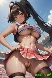 ai_generated bay_(nikke) cheerleader cheerleader_outfit cheerleader_uniform crop_top hairband heart heart-shaped_pupils navel outdoors ponytail pussy skirt skirt_lift sweat thighhighs underboob upskirt