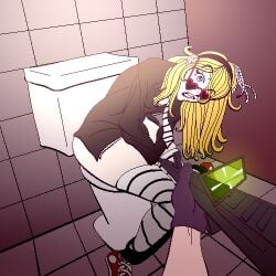 1boy 1boy1girl 1girls black_suit blonde_hair blue_eyes blush comission first_person_view gloves gun heart_glasses leanderart64 long_hair original original_character pale-skinned_female pale_skin pixel_art restroom shitting shooting sitting_on_toilet skirt_down striped_legwear surprised thighhighs toilet