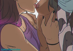 2d badasspantiestalker black_nails breast_lick breasts covering_one_nipple dark-skinned_female dark_skin duo female female_only indian licking licking_breast nipple_licking nipples overwatch sombra symmetra yuri