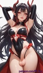 1futa ai_generated armpits balls big_cock big_dick big_penis black_hair breasts demon_girl earrings elf_ears erect_penis erection futa_focus futa_only futa_sans_pussy futadom futanari hi_res high_resolution highres horns huge_cock ip_fox latex_clothing latex_gloves long_hair looking_at_viewer multicolored_horns original_character patreon_link patreon_url patreon_username penis red_eyes smile taker_pov uncensored url watermark web_address