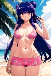 1girl ai_generated ass_visible_through_thighs beach bikini bikini_shorts blue_sky blush breasts cameltoe cleavage closed_mouth cloud collarbone cowboy_shot day double_bun female floral_print hair_bun large_breasts long_hair looking_at_viewer navel ocean outdoors palm_tree pink_bikini pink_shorts pixiv print_bikini purple_hair ranma_1/2 red_eyes rena_aikawa_(pixiv_user) shampoo_(ranma_1/2) short_shorts shorts sidelocks sky smile solo stable_diffusion standing stomach swimsuit tagme thigh_gap tree water