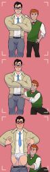 black_hair blue_tie blushing briefs clark_kent drooling gay green_vest heart_eyes humiliation jimmy_olsen low_resolution male_only no_visible_genitalia orange_hair pants_pull pantsing red_hair suit superman_(series) taking_picture tvfish-art white_briefs