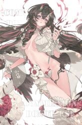 bare_shoulders black_hair black_wings blue_eyes curly_hair dress female fire flower highres horns long_hair looking_at_viewer open_mouth original pink_hair revealing_clothes ribbon see-through tacfigure white_background white_dress white_flower white_ribbon wings