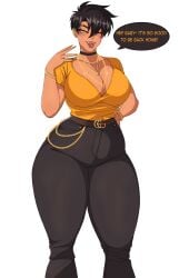 1female 1girls big_breasts black_hair breasts dark-skinned_female dark_hair dark_skin female jeans piercing piercings pixie_cut short_hair solo thick thick_thighs thighs wide_hips yellow_eyes