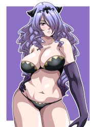 1girls bare_midriff bare_shoulders bare_thighs black_bra black_panties bra breasts camilla_(fire_emblem) cleavage collarbone confident elbow_gloves female female_only fire_emblem fire_emblem_fates frown gloves hair_over_one_eye hand_on_own_hip horns inabakun00 large_breasts long_hair midriff navel nintendo panties pink_eyes purple_hair shoulders solo standing thighs underwear very_long_hair