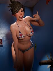 3d bikini_top dark-skinned_male denim_shorts fuckingtracer glory_hole microshorts overwatch tattoo tattoo_on_tongue tracer union_jack union_jack_bikini union_jack_tracer