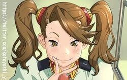 breasts brown_eyes brown_hair censored female female gundam gundam_build_fighters gundam_build_fighters_try hair_ornament kotoyoshi_yumisuke long_hair looking_at_viewer masturbation sazaki_kaoruko smile straight sweat twintails uniform upper_body