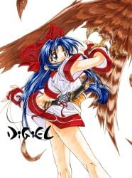 1999 1girls ainu_clothes ass black_hair blue_eyes blue_hair breasts female female_only fingerless_gloves from_behind gloves hair_ribbon hi_res king_of_fighters long_hair mamahaha nakoruru no_panties open_mouth retro_artstyle ribbon samurai_shodown sensual sideboob small_breasts snk traditional_media traditional_media_(artwork) translation_request weapon yoshinaga_eikichi