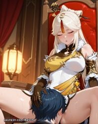 ai ai_generated bebora blonde_female blonde_hair closed_eyes clothing cunnilingus genshin_impact male_head/female_body ningguang_(genshin_impact) open_mouth patreon seductive seductive_body shiny_skin sitting throne throne_room