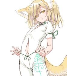 animal_ear_fluff animal_ears blonde_hair closed_mouth commentary_request female flat_chest fox_ears fox_girl fox_tail green_ribbons holding knees_out_of_frame kudamaki_tsukasa looking_at_viewer medium_hair midriff_peek puffy_short_sleeves puffy_sleeves ribbon s-a-murai short_sleeves simple_background solo standing tail touhou untying white_background white_romper yellow_eyes yellow_tail