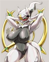 1girls anthro arceus arms_behind_head big_breasts blush female female_only gamefreak nintendo nipples pokemon pokemon_(species) skylight_(artist) solo thick_thighs wide_hips