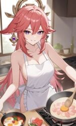 ai_generated apron_only cooking female genshin_impact naked_apron yae_miko