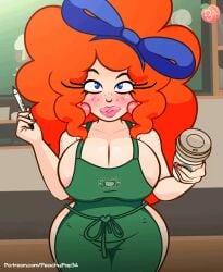 apron big_breasts blue_eyes breasts coffee_shop freckles freckles_on_face ginger ginger_hair green_apron hands_on_hips jess_(peachypop34) long_hair orange_hair peachypop34 red_hair rosy_cheeks thick thick_hips thick_legs thick_thighs