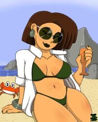 1girls beach brown_hair crab dopeisnukat female green_bikini green_fingernails grey_jewelry light-skinned_female older_female open_shirt original original_character red_eyes rocks sand sfw short_hair sunglasses tracy_ford_(dopeisnukat) water wine_glass