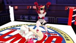 2girls 3d 3d_(artwork) after_fight arena arms_up big_breasts big_thighs bikini blockyobjectawesomer blonde_hair boxing boxing_gloves boxing_ring breasts charlie_morningstar curvy demon_girl duo fainted female female_only gloves hazbin_hotel josugomezofficialnew looking_at_viewer mmd niffty on_the_floor one_eye pink_boxing_gloves pink_gloves red_boxing_gloves red_gloves rosy_cheeks sandals smiling_at_viewer standing_on_another thick thick_hips thick_thighs thighs wide_hips