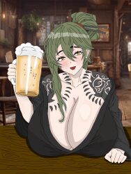 1girl bar beer beer_mug brown_eyes chesed95850218 cleavage female green_hair large_breasts library_of_ruina lobotomy_corporation looking_at_viewer netzach netzach_(library_of_ruina) project_moon robe rule_63 tattoo tattoos