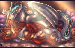 dragon duo female feral frostedmonster glistening glistening_body green_eyes hi_res male male/female mythological_creature mythological_scalie mythology red_body scalie silver_body tail wings