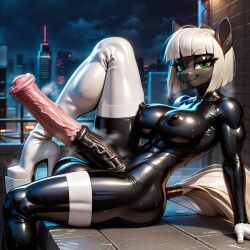 ai_generated anthro balls futanari high_heel_boots horsecock latex_suit massive_cock muscular pony smiling thighhighs