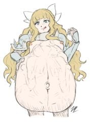 areola armor belly big_belly blonde_hair blue_eyes breasts charlotte_(fire_emblem) female fire_emblem fire_emblem_fates front_view licking_lips long_hair navel nipples stomach_bulge stomach_deformation voraciousmoga vore vore_belly