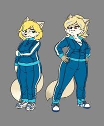 2girls anthro blonde_hair blonde_hair_female blue_clothing blue_highlights breasts cleavage female female_only fennec_fox frisk_lk furry medium_breasts milf mother_and_daughter no_nudity sneakers thick_thighs tracksuit wide_hips