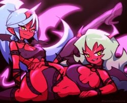 2demons 2girls big_ass big_breasts blue_hair breasts demon demon_girl demon_girls demon_horns demoness female_focus green_hair huge_breasts jojowentbananas kneesocks_daemon long_hair panty_&_stocking_with_garterbelt red_skin scanty_daemon thick_thighs thighs wide_hips