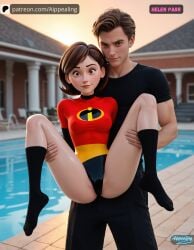 1boy 1girl1boy ai_generated aippealing big_breasts bodysuit cameltoe carrying elastigirl female female_focus full_nelson grabbing helen_parr leotard milf mommy mother petite spread_legs spreading the_incredibles