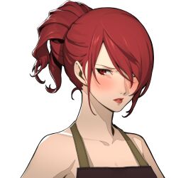 1girl 1girls accurate_art_style alternate_hairstyle apron apron_only asian atlus bare_shoulders big_breasts blush breasts cleavage clothed clothed_female clothing curvy edit edited embarrassed eye_contact female female_only hair_bun hair_over_one_eye hi_res human large_breasts light-skinned_female light_skin long_hair looking_at_viewer megami_tensei mitsuru_kirijo mitsuru_portrait_edit official_style one_eye_closed open_eyes open_mouth out_of_frame pale-skinned_female pale_skin partially_clothed persona persona_3 persona_3_reload ponytail red_eyes red_hair revealing_clothes sega shy skinny slim solo solo_female transparent_background