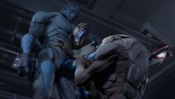 3d alien animal_genitalia bioware electronic_arts genital_slit genitals group hi_res holding_penis knot knotted_penis low-angle_view male male/male mass_effect oral penis rooking trio turian