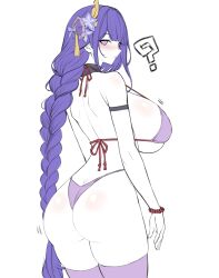 ass blush bra female genshin_impact huge_breasts legwear long looking_at_viewer looking_back mihoyo purple_eyes purple_hair raiden_shogun rear_view thick_legs uncolored white_background wolffeld_price