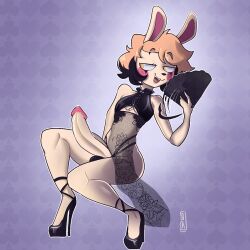 1boy anthro big_penis blush clothed clothing crossdressing dress femboy femboy_only folding_fan genitals hi_res high_heels lagomorph leporid male male_only mammal original penis rabbit richard_(goofygoobersama) sickbelle solo translucent translucent_clothing very_high_heels