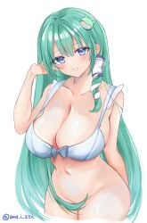 blue_eyes bottomless bra breasts cismlyri cleavage cowboy_shot female frog_hair_ornament green_hair hair_ornament highres large_breasts long_hair looking_at_viewer no_panties sanae_kochiya simple_background snake_hair_ornament solo touhou twitter_username underwear very_long_hair white_background white_bra