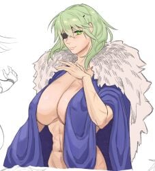 1girls abs alternate_costume bare_arms bare_midriff breasts byleth_(fire_emblem) byleth_(fire_emblem)_(female) cape cleavage coat cosplay dimitri_alexandre_blaiddyd_(cosplay) eyepatch female fire_emblem fire_emblem:_three_houses green_eyes green_hair hand_on_breast huge_breasts looking_at_viewer medium_hair midriff milkbar naked_cape naked_coat navel nintendo nude nude_female scar smile white_background