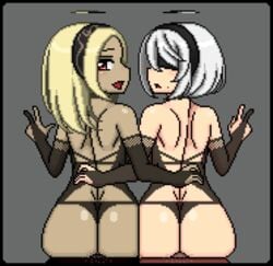 2d 2d_animation 2girls animated ass chocolate_and_vanilla crossover dark-skinned_male erowolf from_behind gravity_rush interracial kat_(gravity_rush) multiple_girls nier:_automata panties panties_aside pixel_animation pixel_art thong thong_aside vaginal_penetration vaginal_sex yorha_2b