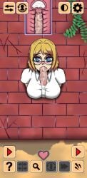 1girls another_girl_in_the_wall blonde_hair blowjob blue_eyes blush brick_wall cum cum_inside disembodied_penis erection eyelashes eyes fellatio glasses large_breasts large_penis oral penis shirt shorter_than_30_seconds stuck stuck_in_wall tagme through_wall uterus vertical_video video wall white_shirt