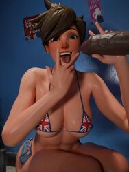 3d bikini_top black_penis cunnilingus_gesture dark-skinned_male denim_shorts fuckingtracer glory_hole microshorts overwatch suggestive_gesture tattoo tattoo_on_tongue tracer union_jack union_jack_bikini union_jack_tracer