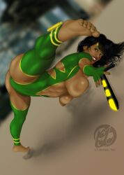 2d 2d_(artwork) ass athletic athletic_female barefoot big_breasts black_hair black_orchid blush breasts breasts_against_floor breasts_out bubble_butt busty cyborg_mc earrings eyeshadow feet female female_focus female_only fingerless_gloves fit fit_female green_eyes headband hourglass_figure jack-o_pose killer_instinct large_breasts legwear leotard lipstick long_hair makeup mascara nail_polish pinup pinup_pose soles splits tan tan_body tan_skin thong_leotard toenail_polish wide_hips