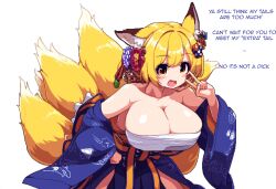 accessory ai_generated animal_humanoid anthro asian_clothing big_breasts blonde_hair blush breasts canid canid_humanoid canine canine_humanoid cleavage clothed clothing cute_fangs east_asian_clothing female flower fox fox_humanoid fur gesture hair hair_accessory hellsonger hi_res huge_breasts humanoid japanese_clothing looking_at_viewer mammal mammal_humanoid open_mouth plant ran_yakumo simple_background solo text touhou v_sign white_background white_body yellow_eyes