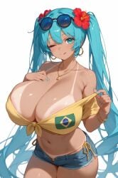 ai_generated areolae_visible_through_clothing athletic_female bare_legs blue_eyes blue_hair brazil brazilian brazilian_female brazilian_flag brazilian_miku breast_focus flower_in_hair gigantic_breasts hatsune_miku huge_breasts huge_thighs long_hair massive_breasts one_eye_closed short_shorts solo_female squatting sunglasses sunglasses_on_head sweat sweatdrop tan-skinned_female tan_body tank_top tanned_female tanned_skin thick_thighs thighs twintails unartist very_long_hair vocaloid voluptuous voluptuous_female